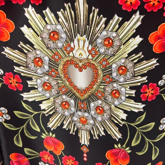 Divine Hearts Blouse Deep Cold Shoulder Red Roses Gems Black Halter Collar Sz 4 - Picture 6 of 12